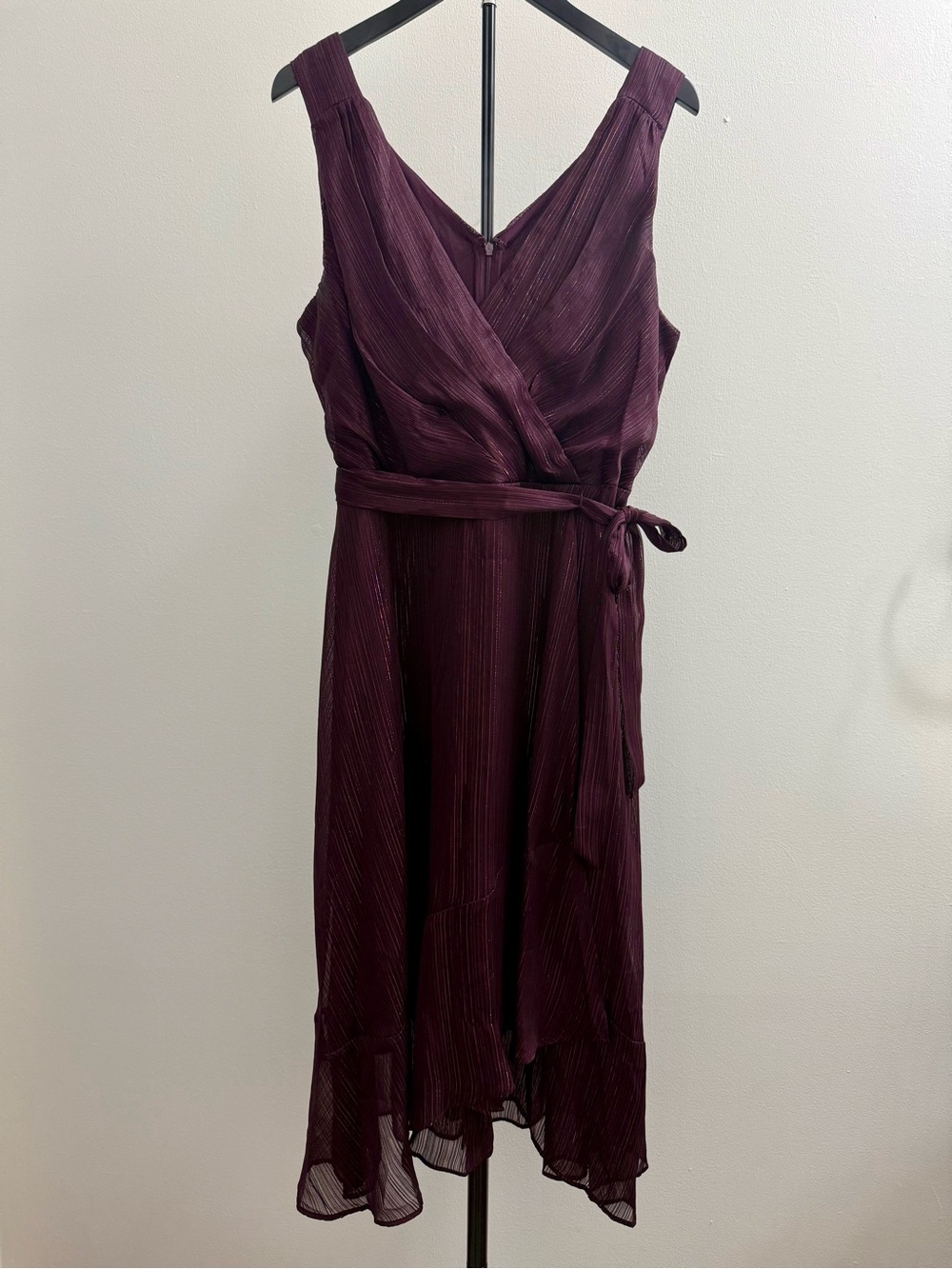 DKNY Deep Plum Sleeveless Wrap Midi Dress with Tie